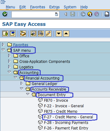 Enter Customer Credit Memo General  Accounts Receivable  Menu Path