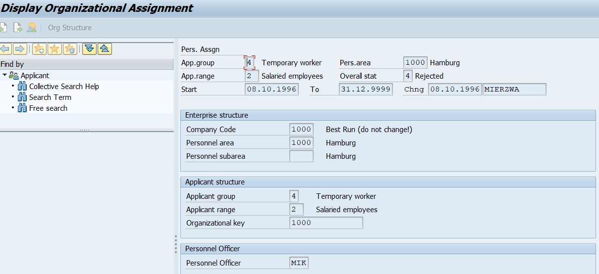 display organizational assignment sap transaction