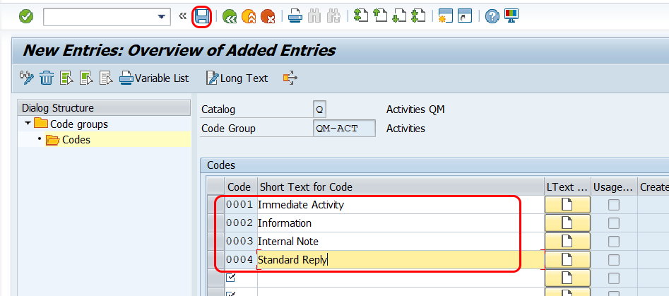 codes for code groups in SAP Hana QM